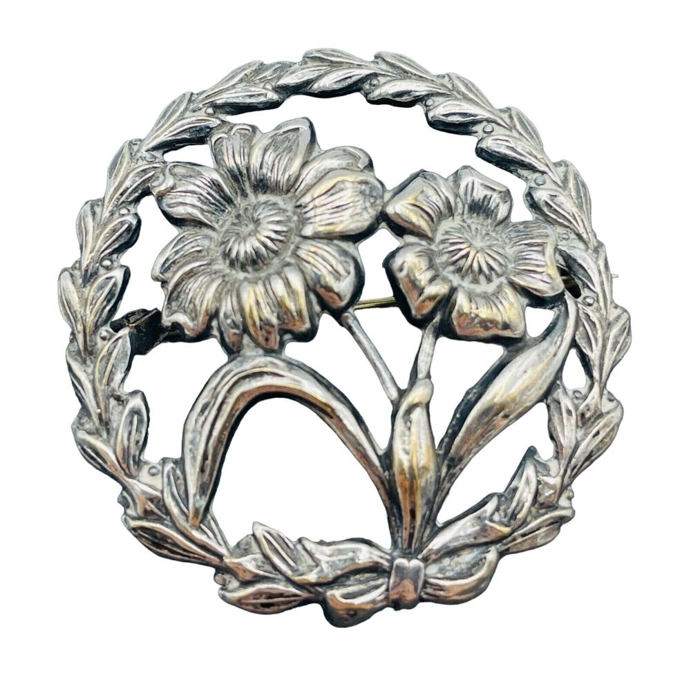 Sterling Silver Pin 1.5" Art Nouveau Style Brooch C Clasp Floral Repousse Patina